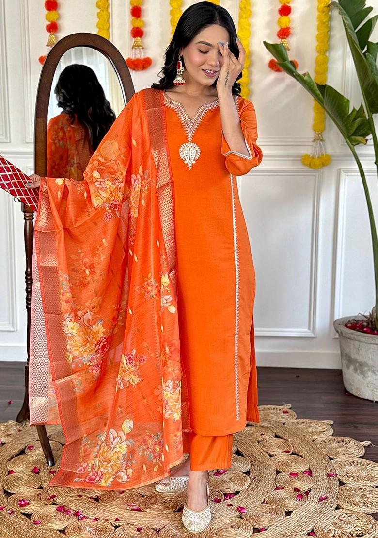 Orange Printed Silk Kurta Set