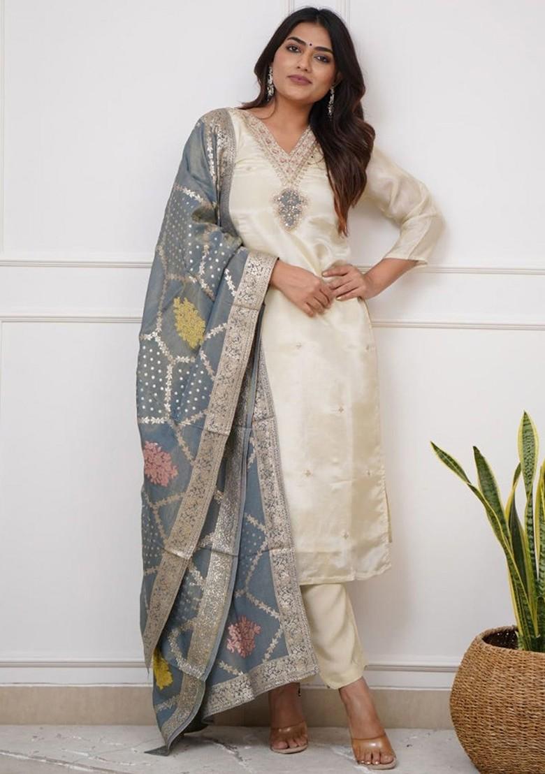 Cream Ethnic Motifs Embroidery Silk Kurta Set