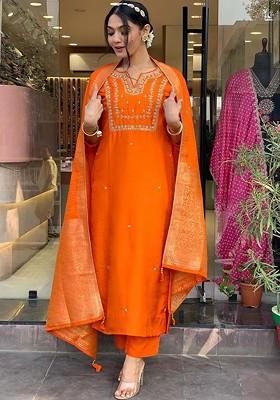 Orange Ethnic Motifs Embroidery Silk Kurta Set