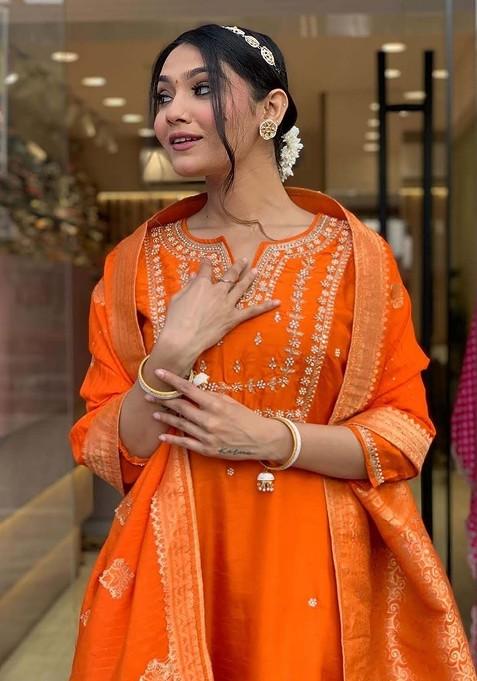 Vibrant Orange Ethnic Printed Chinon Silk Kurta Set With Palazzo & Dupatta