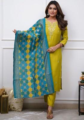 Lime Green Floral Embroidered Silk Kurta Set