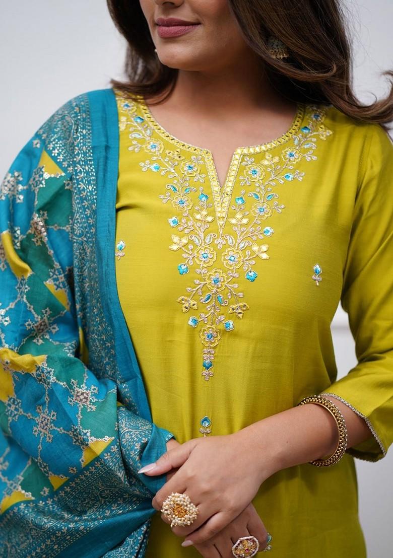 Lime Green Floral Embroidered Silk Kurta Set