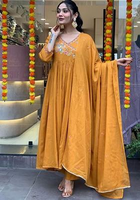 Orange Floral Embroidered Silk Kurta Set