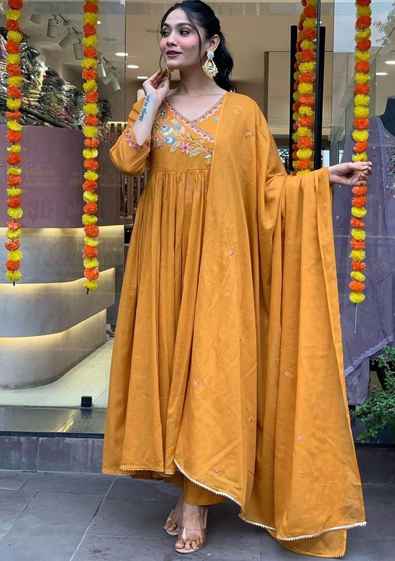 Orange Floral Embroidered Silk Kurta Set