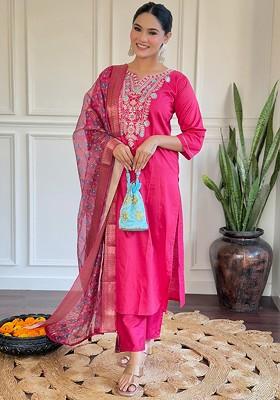 Pink Floral Embroidered Silk Kurta Set