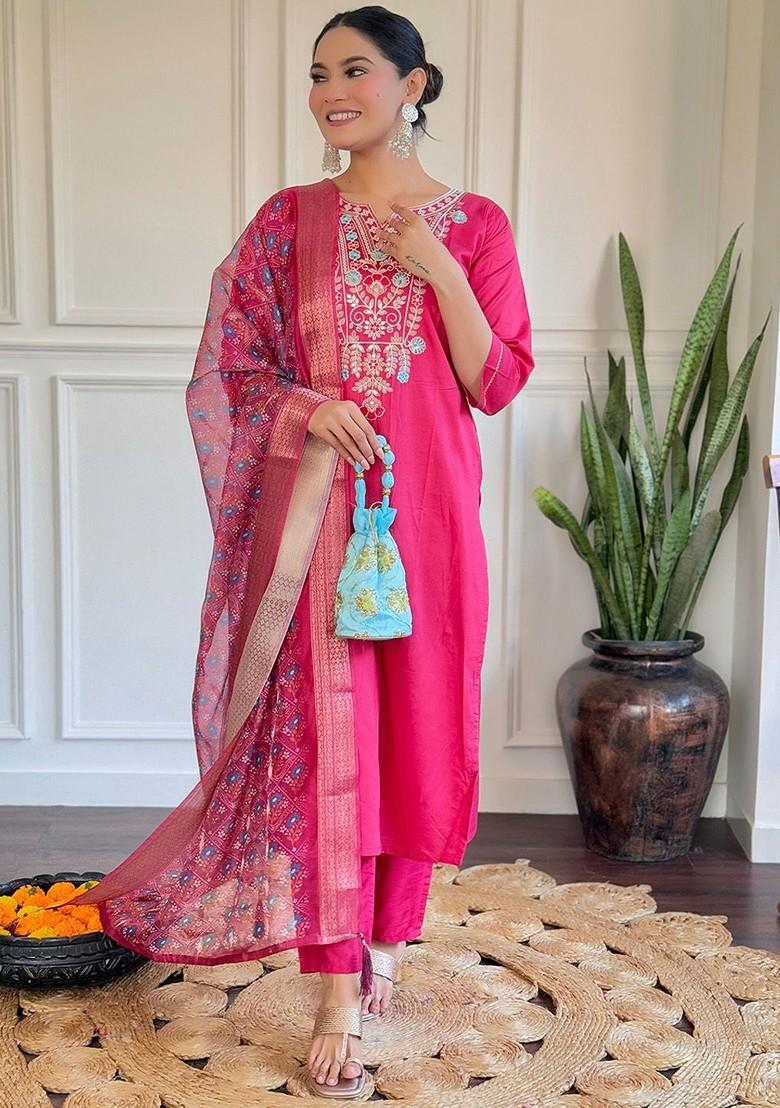 Pink Floral Embroidered Silk Kurta Set