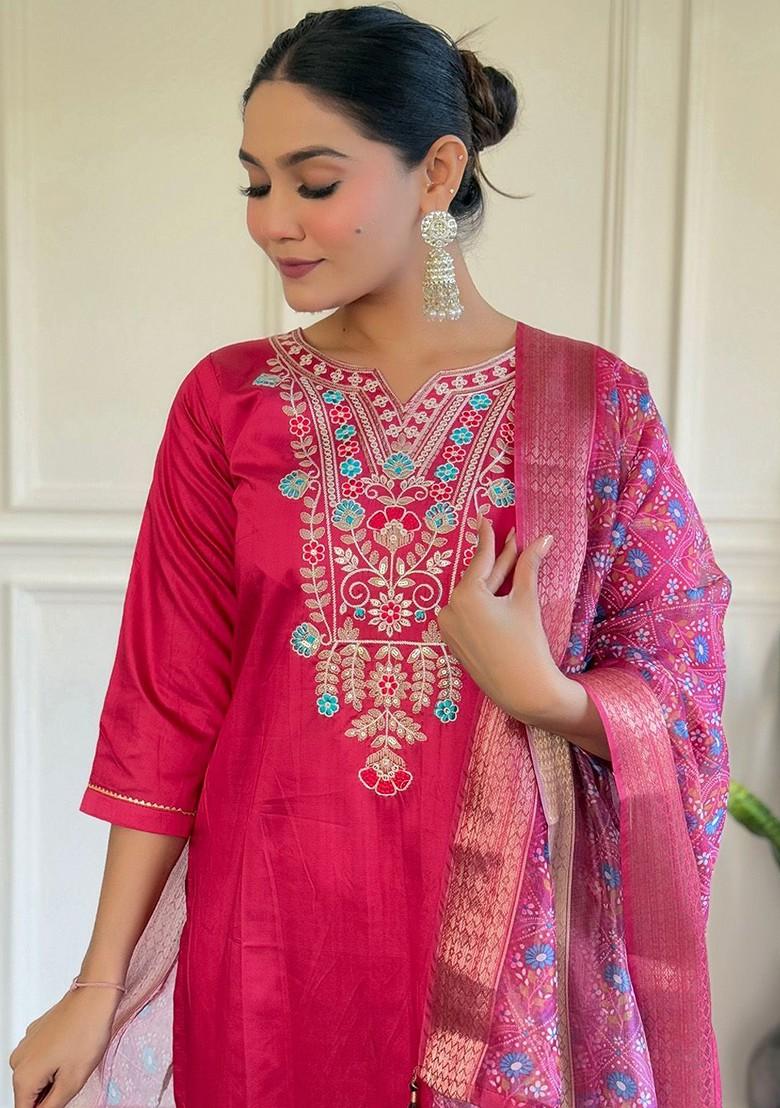 Pink Floral Embroidered Silk Kurta Set