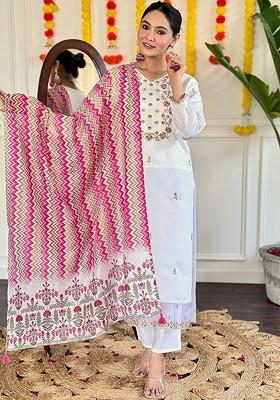 White Floral Embroidered Silk Kurta Set