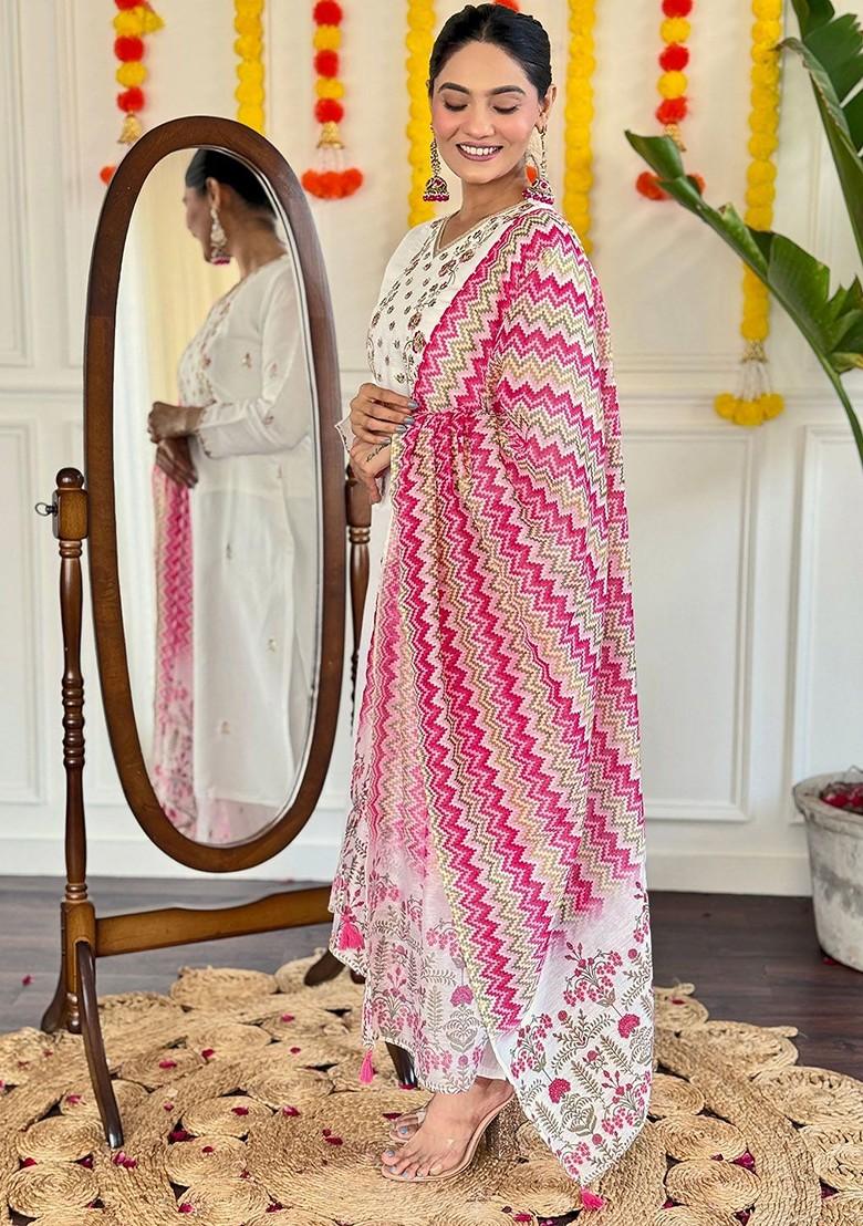 White Floral Embroidered Silk Kurta Set