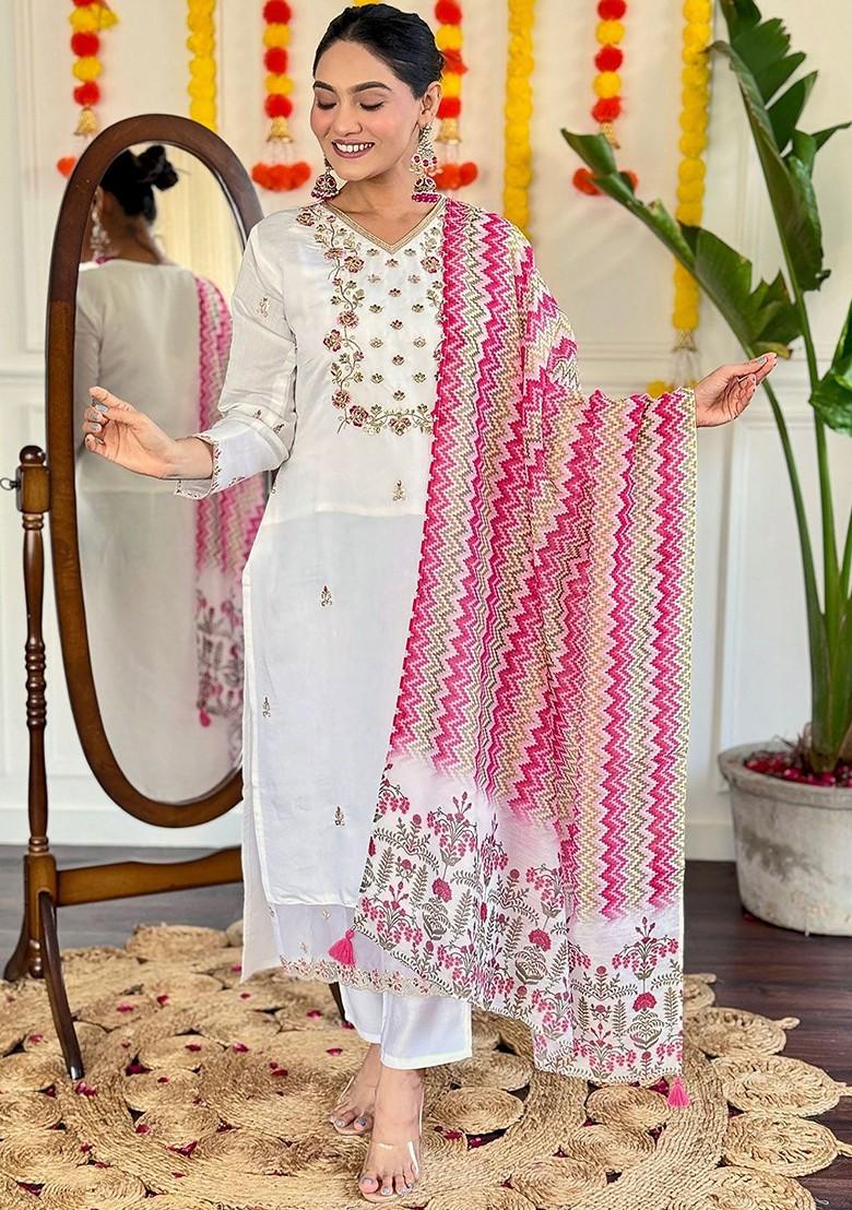 White Floral Embroidered Silk Kurta Set