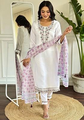 White Floral Embroidered Silk Kurta Set