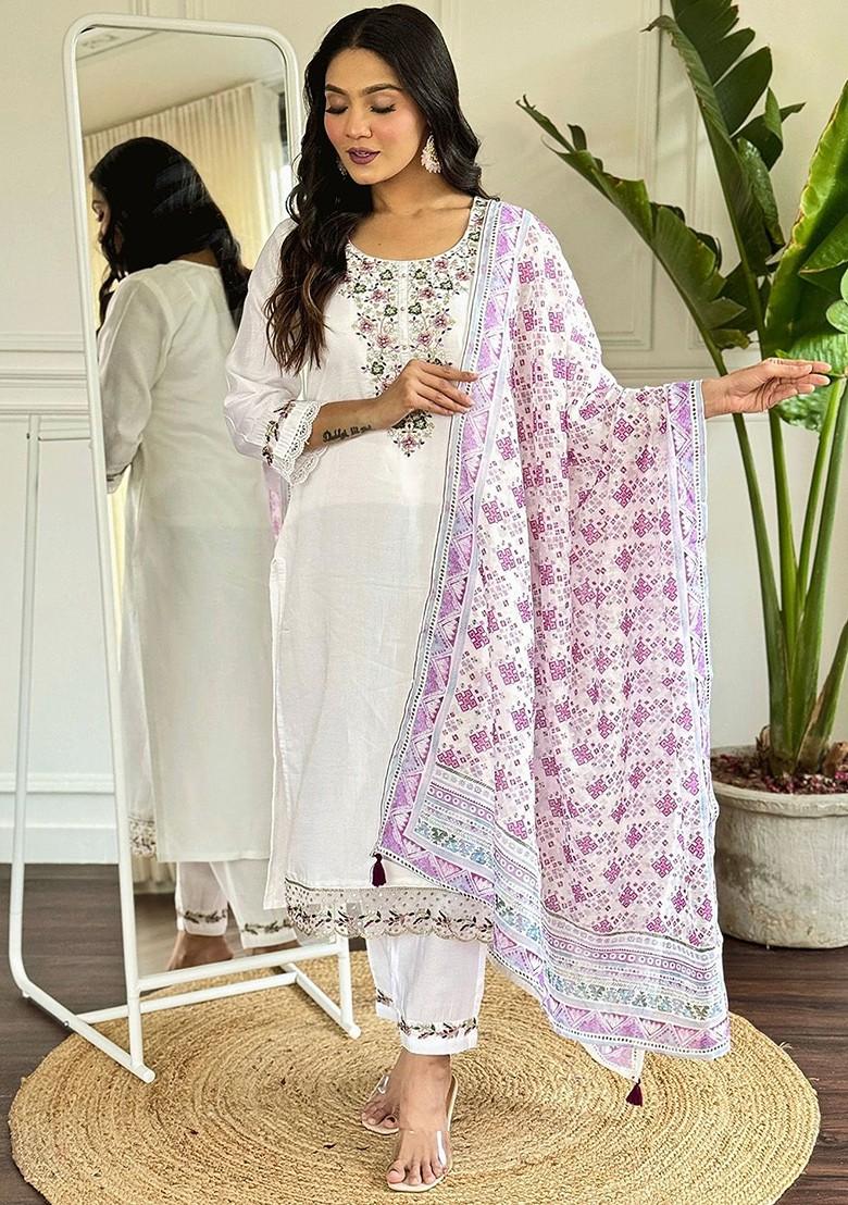 White Floral Embroidered Silk Kurta Set