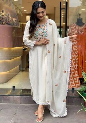 Cream Floral Embroidered Silk Kurta Set