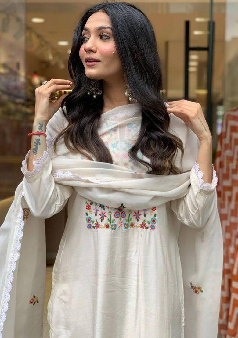 Cream Floral Embroidered Silk Kurta Set