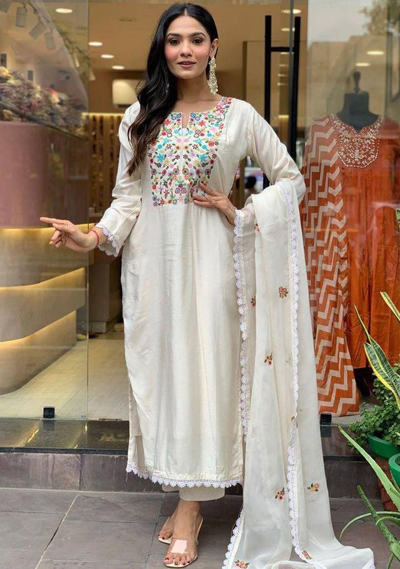 Cream Floral Embroidered Silk Kurta Set