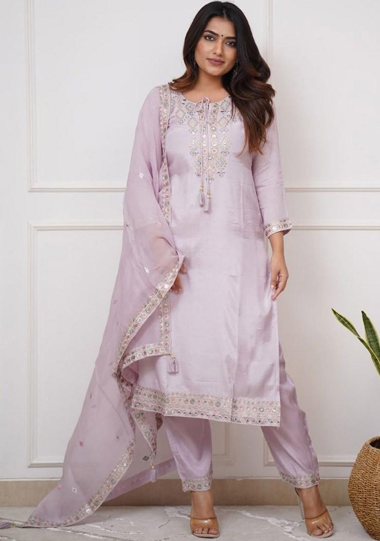 Beige Printed Silk Kurta Set