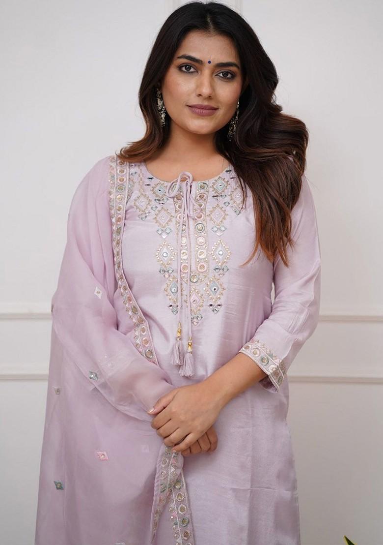 Beige Printed Silk Kurta Set