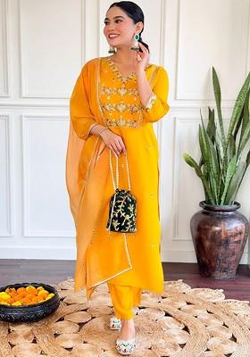 Yellow Floral Embroidered Silk Kurta Set