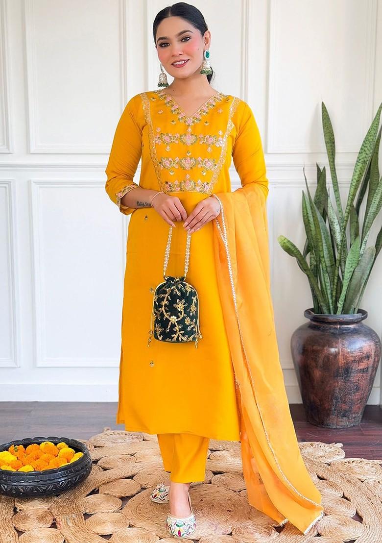 Yellow Floral Embroidered Silk Kurta Set