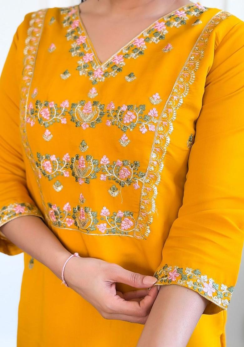 Yellow Floral Embroidered Silk Kurta Set