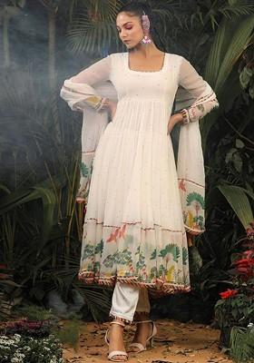 Cream Floral Embroidered Poly Blend Kurta Set