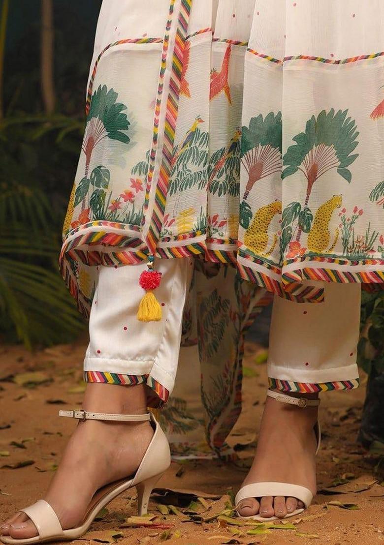 Cream Floral Embroidered Poly Blend Kurta Set