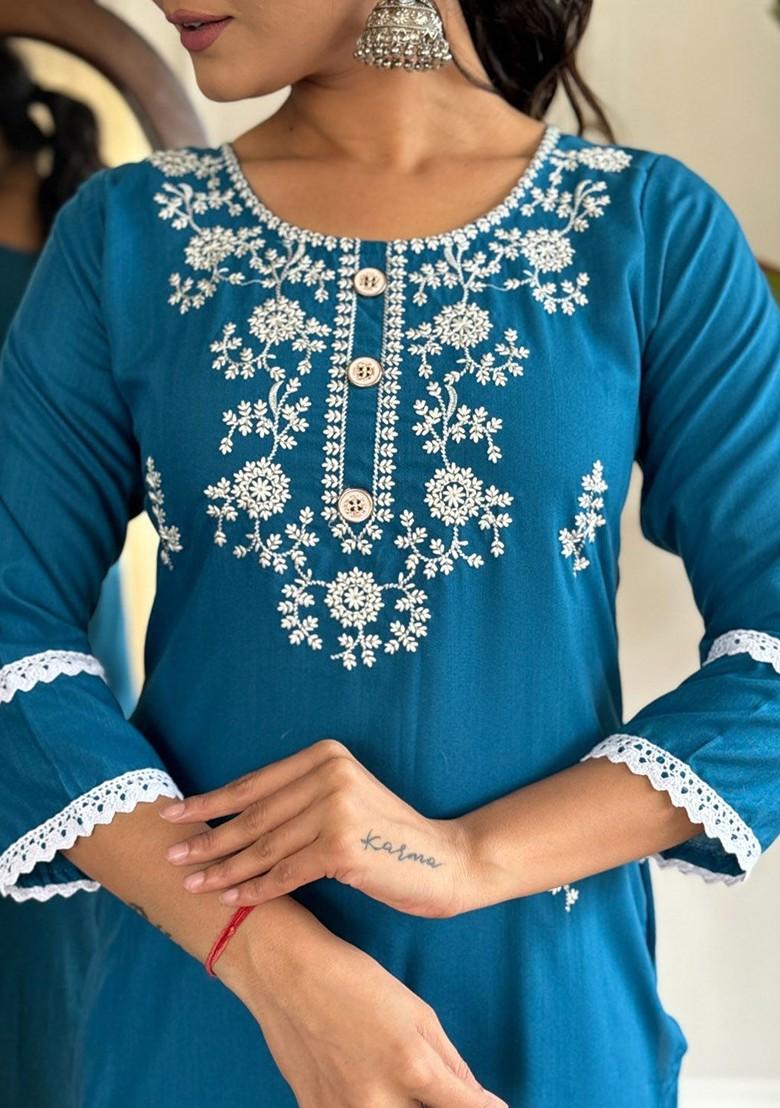 Blue Floral Embroidered Poly Blend Kurta Set