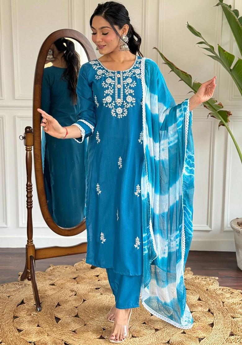 Blue Floral Embroidered Poly Blend Kurta Set