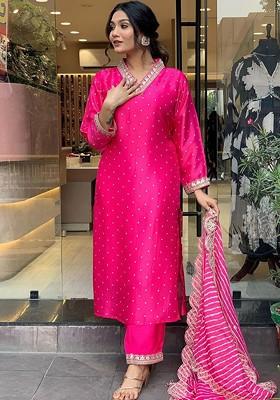 Pink Bandhani Print Silk Kurta Set