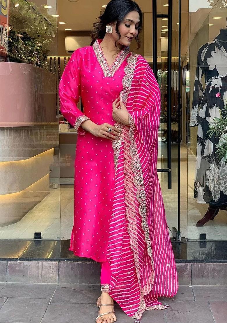 Pink Bandhani Print Silk Kurta Set