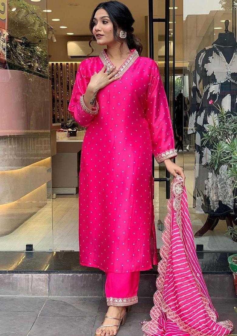 Pink Bandhani Print Silk Kurta Set