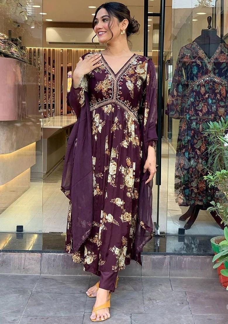 Purple Floral Embroidered Poly Blend Kurta Set