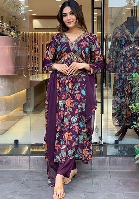 Purple Floral Embroidered Poly Blend Kurta Set