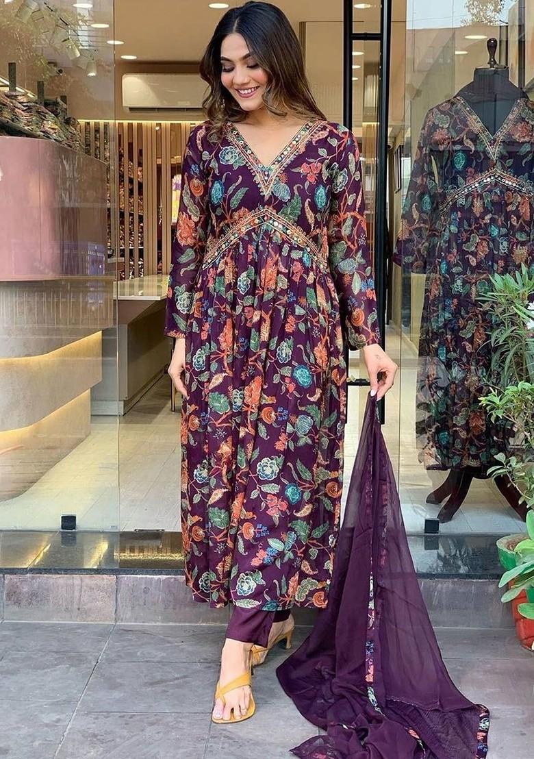 Purple Floral Embroidered Poly Blend Kurta Set