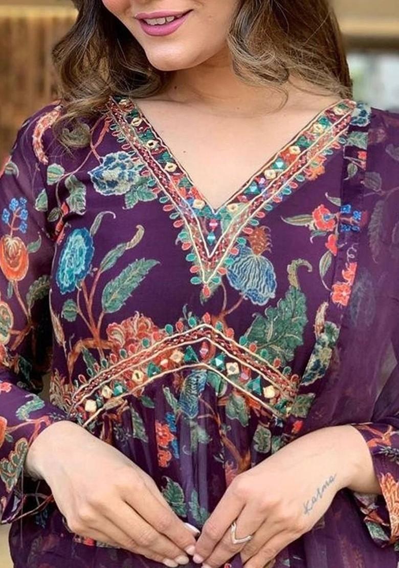 Purple Floral Embroidered Poly Blend Kurta Set