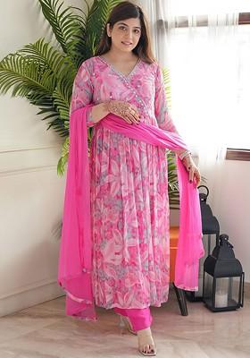 Pink Floral Embroidered Poly Blend Kurta Set