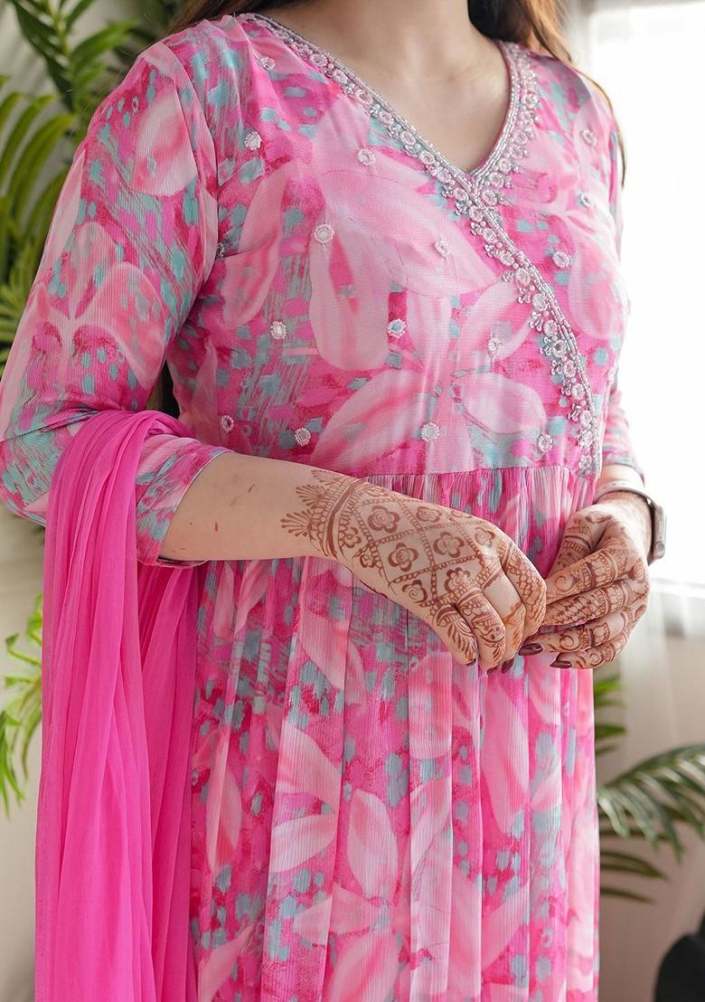 Pink Floral Embroidered Poly Blend Kurta Set