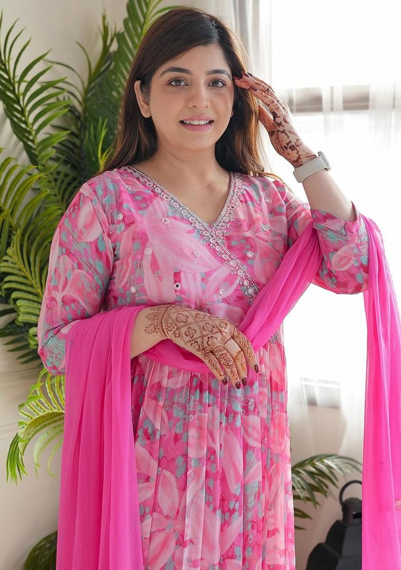 Pink Floral Embroidered Poly Blend Kurta Set