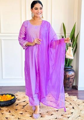 Purple Ethnic Motifs Embroidery Silk Kurta Set