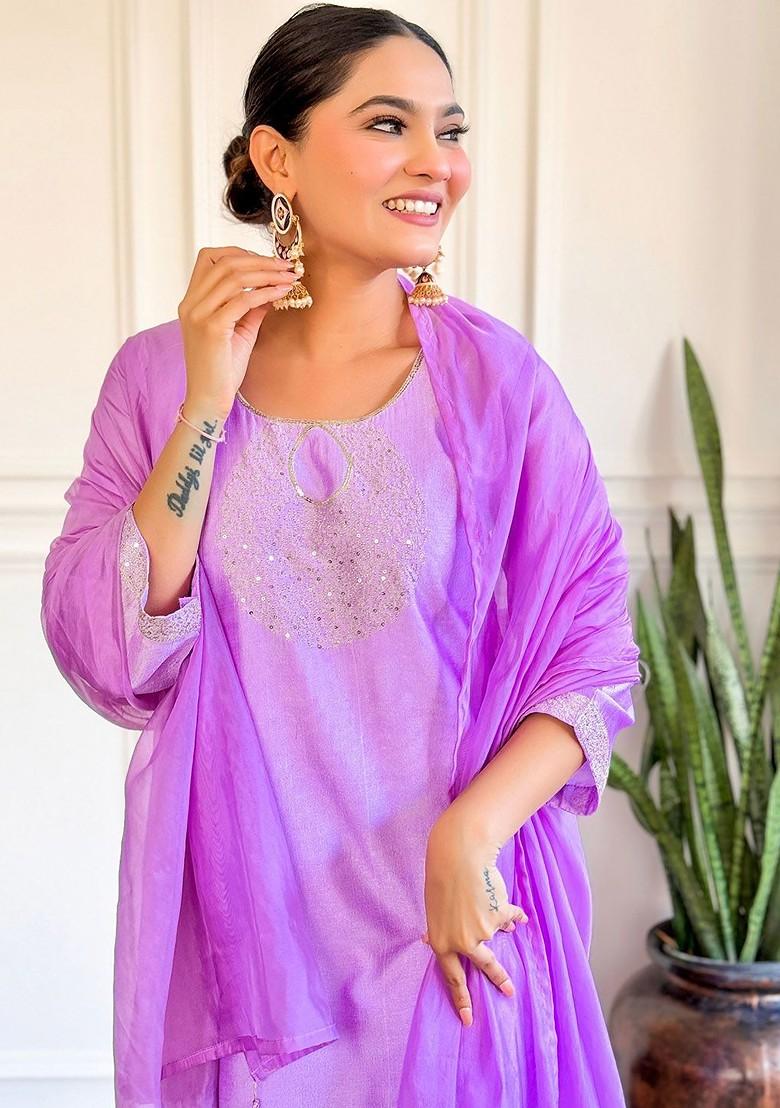 Purple Ethnic Motifs Embroidery Silk Kurta Set