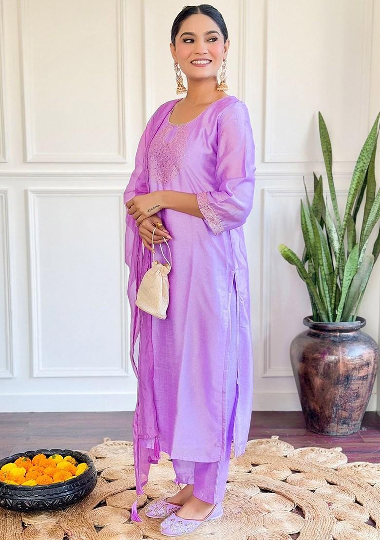Purple Ethnic Motifs Embroidery Silk Kurta Set