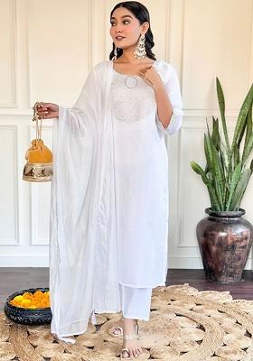 White Floral Embroidered Silk Kurta Set