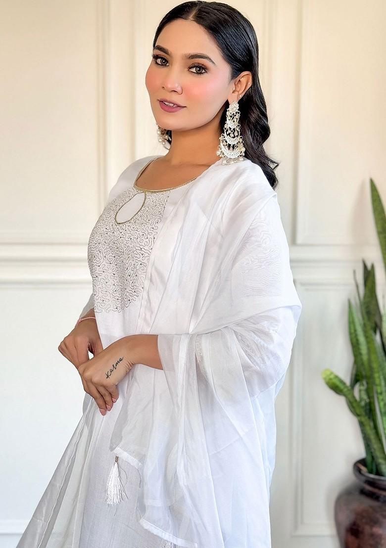 White Floral Embroidered Silk Kurta Set