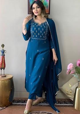 Blue Floral Embroidered Poly Blend Kurta Set