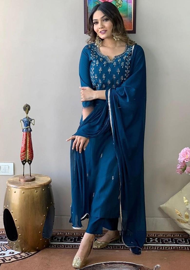 Blue Floral Embroidered Poly Blend Kurta Set