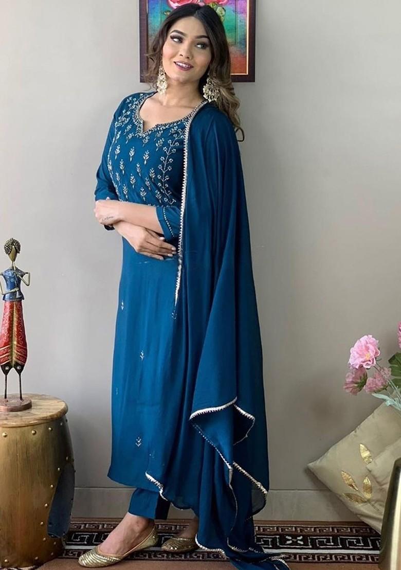 Blue Floral Embroidered Poly Blend Kurta Set