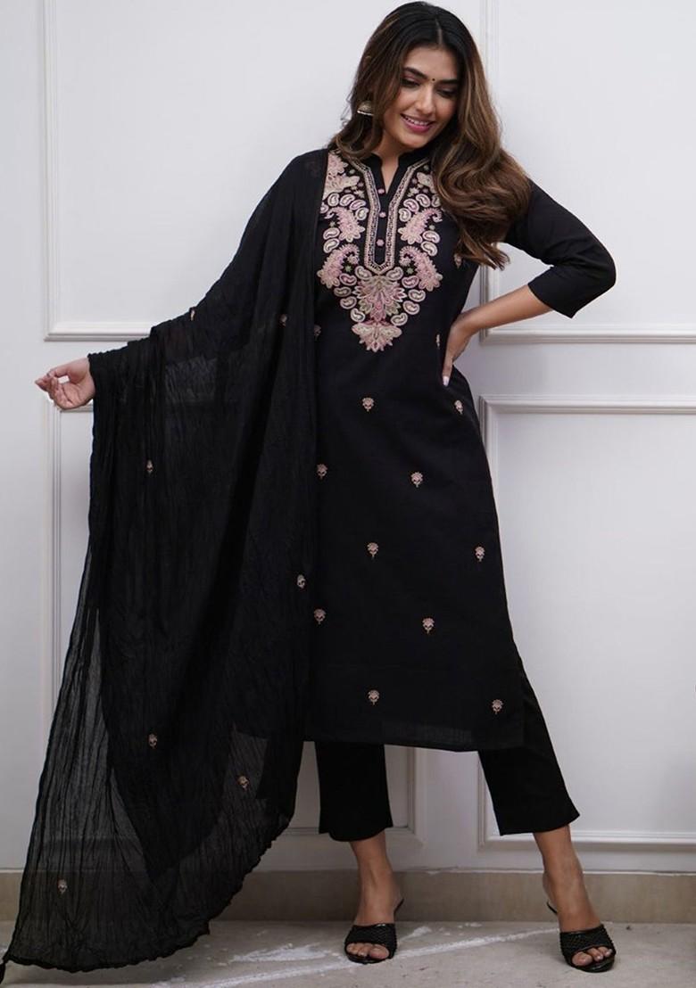Black Ethnic Motifs Embroidery Silk Kurta Set
