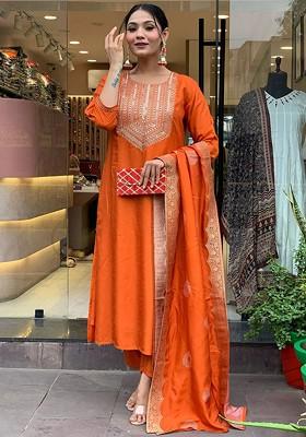 Orange Embroidered Silk Kurta Set