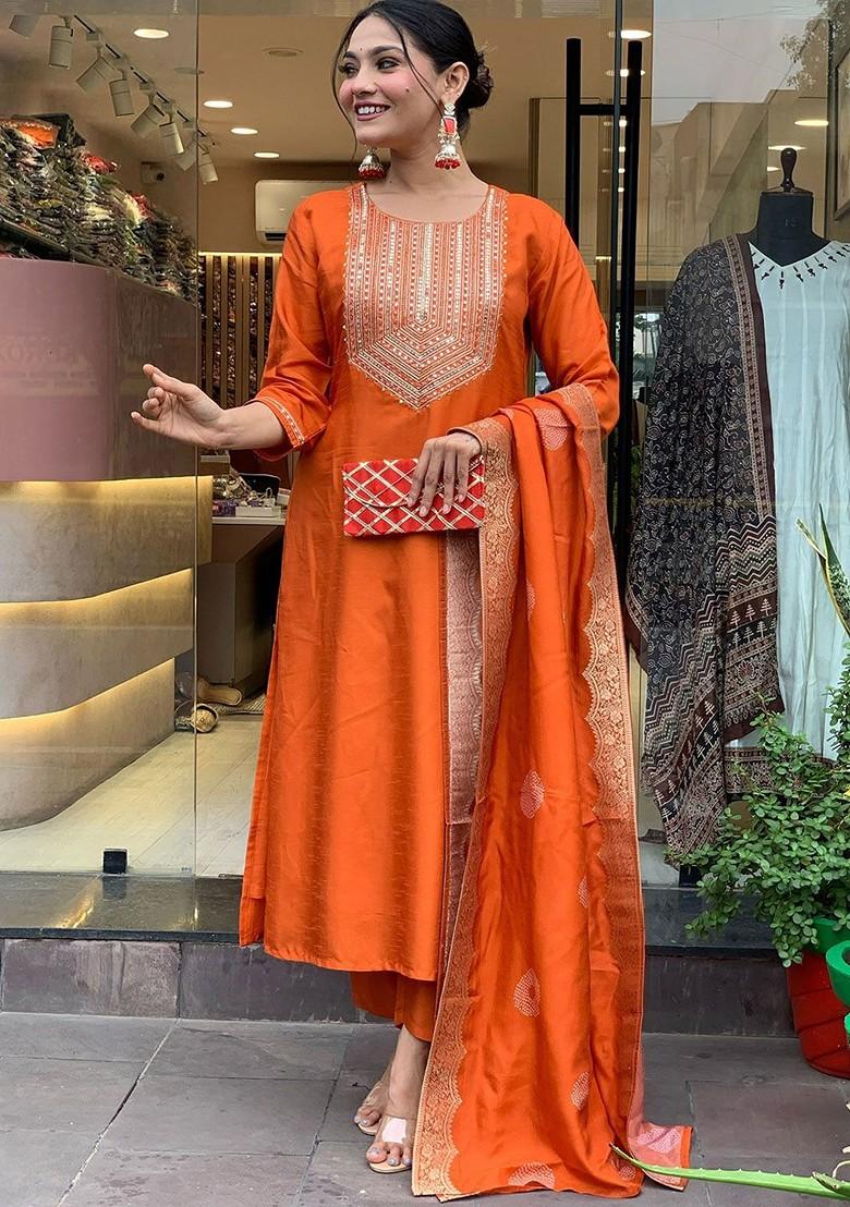 Orange Embroidered Silk Kurta Set