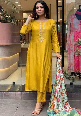 Mustard Floral Embroidered Silk Kurta Set